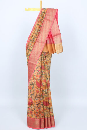 zari chanderi cotton saree with peacock design and contrast border in orange