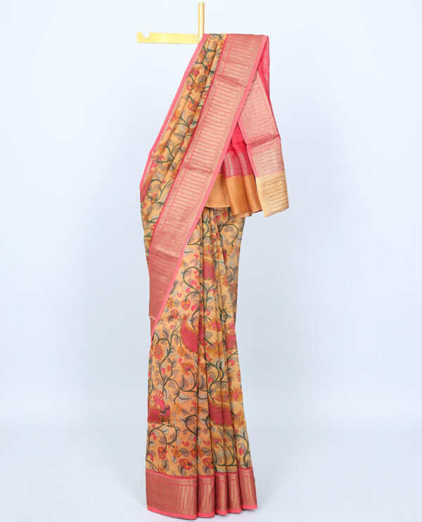 zari chanderi cotton saree with peacock design and contrast border in orange