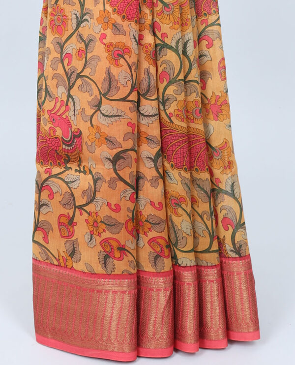 zari chanderi cotton saree with peacock design and contrast border in orange